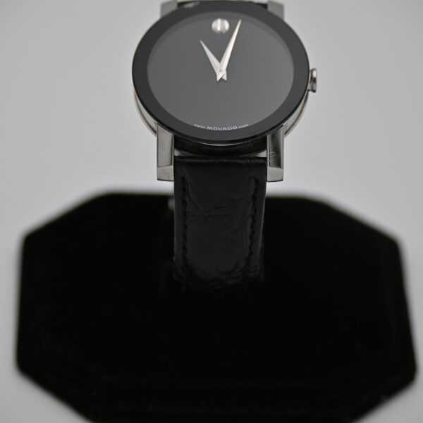 Movado Swiss Made Museum Dial Stainless Steel Quartz Watch Black Leather Strap