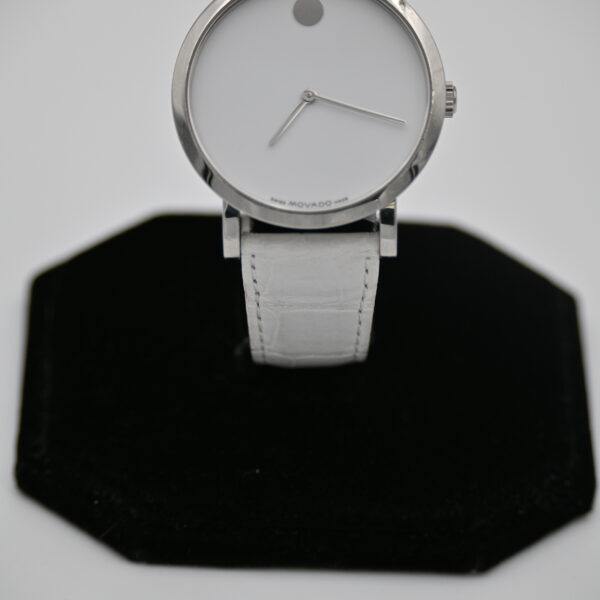 Movado Swiss Made Automatic Museum White Dial exhibition Caseback White Leather Strap