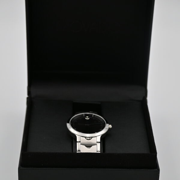 Movado Swiss Museum Black Dial Stainless Steel Watch with Box Unworn Blue Crown