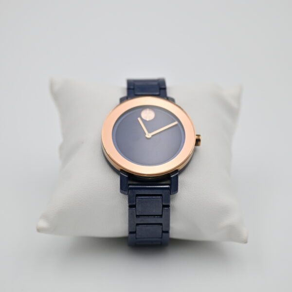 Movado Bold Navy Blue Ionic Plated Rose Gold Bezel Quartz Watch with Box