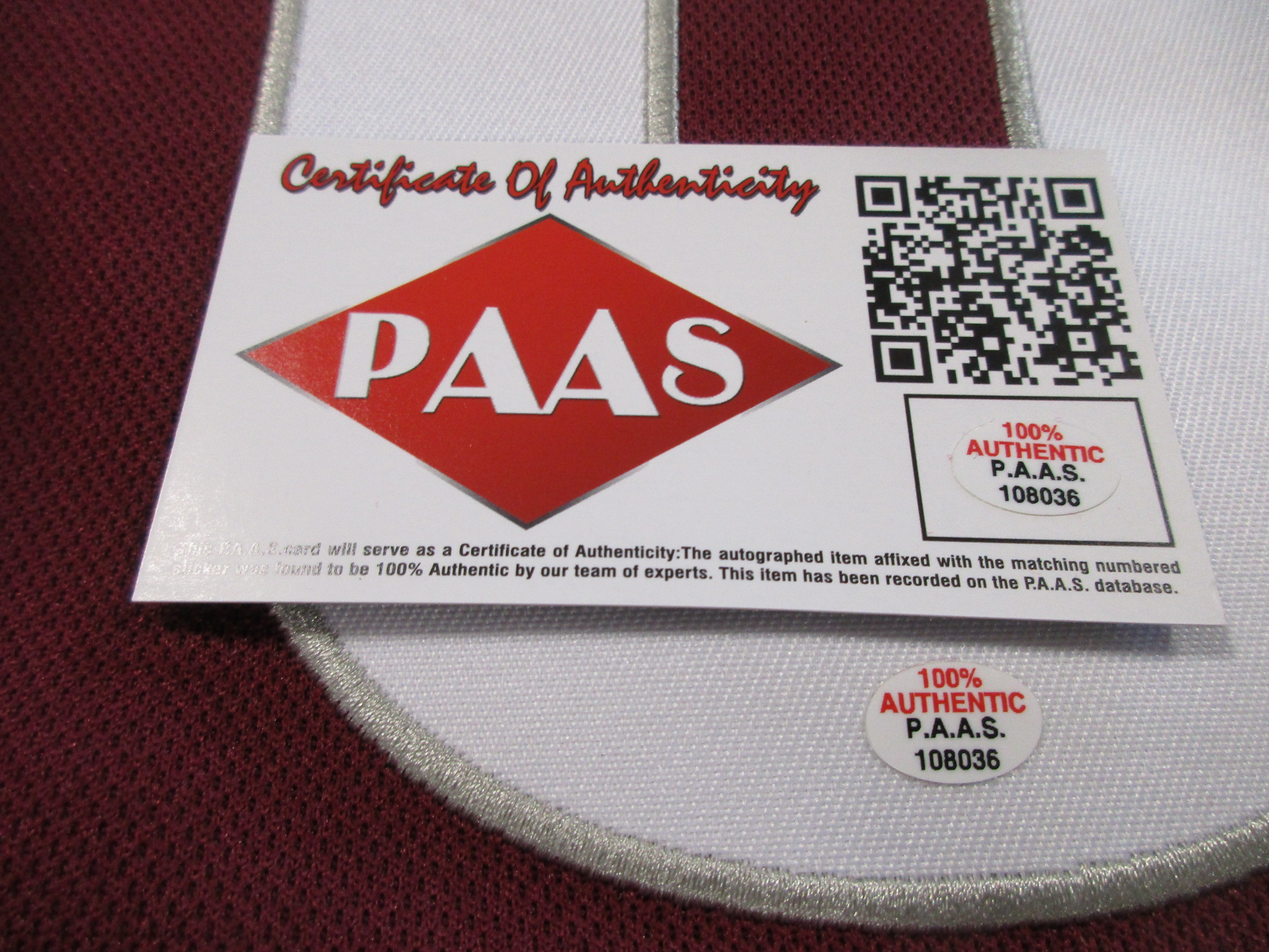 P.A.A.S. Certificate of Authenticity with QR code and matching numbered authentication stickers