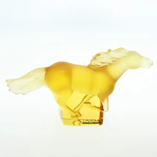 Amber Lalique crystal Kazak horse sculpture in galloping pose, side view