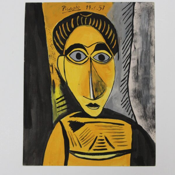 Cubist portrait in yellow, black, and gray with stylized signature and date in upper corner
