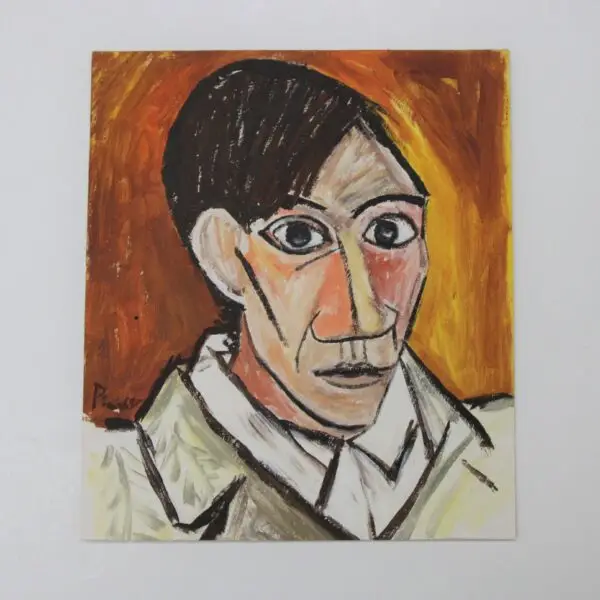 Cubist-style self-portrait painting in orange and yellow tones with a signature in the lower left
