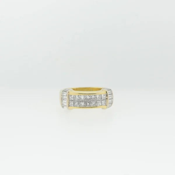 Front view of an 18K yellow gold ring with channel-set princess-cut stones in a two-tone setting