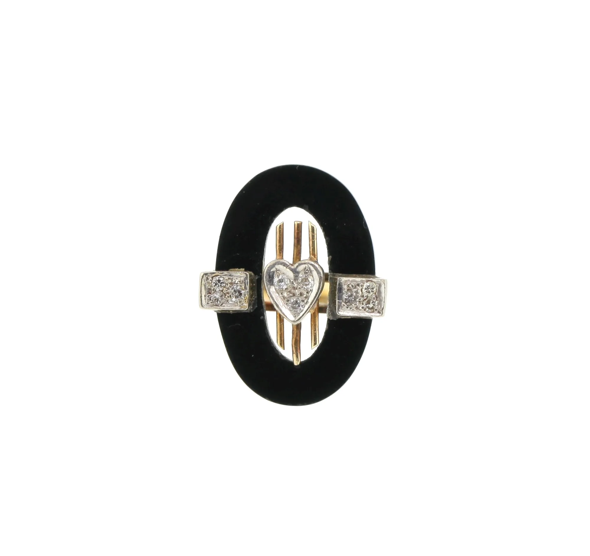 Top-down view of the ring showing the black stone frame with pavé heart and rectangular accents